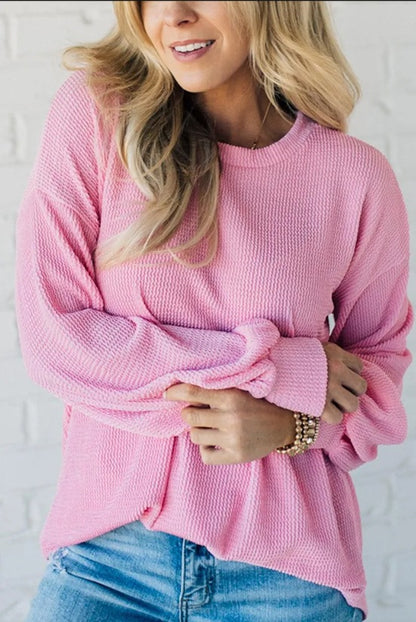 Sudadera informal holgada de color liso con cuello redondo y manga larga para mujer