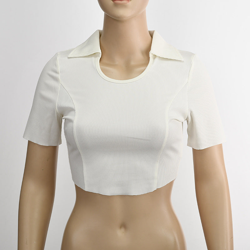 Women Fashion Casual Lapel Short Sleeve Crop Top