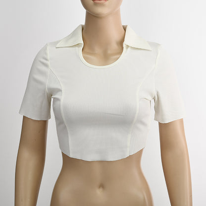 Women Fashion Casual Lapel Short Sleeve Crop Top