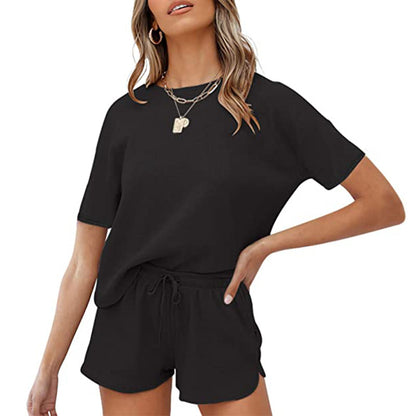 Women Solid Color Casual Homewear Short Sleeve Blouse And Shorts Set