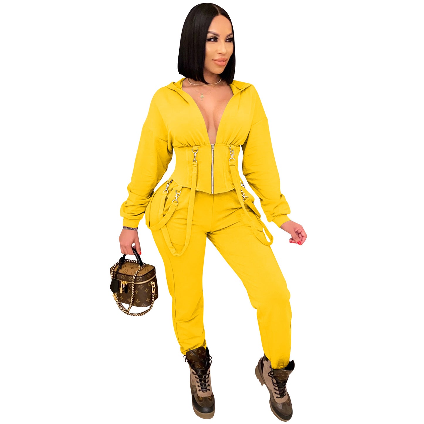 Conjunto informal de dos piezas con top y pantalones cortos con capucha y cremallera para mujer