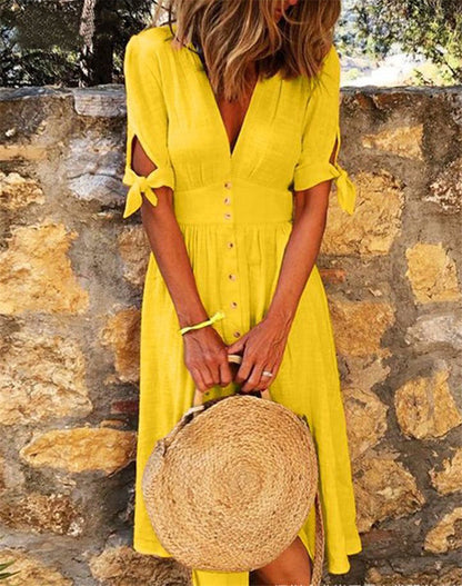 Vestido midi informal de vacaciones para mujer, color liso, con escote en V y media manga anudada