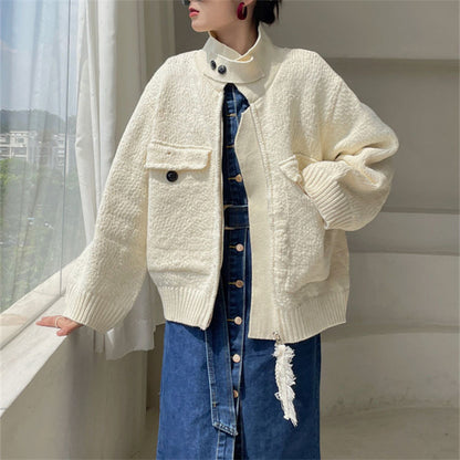 Casual Fashion Women Double Zipper Long Sleeve Knitted Sweater Coat