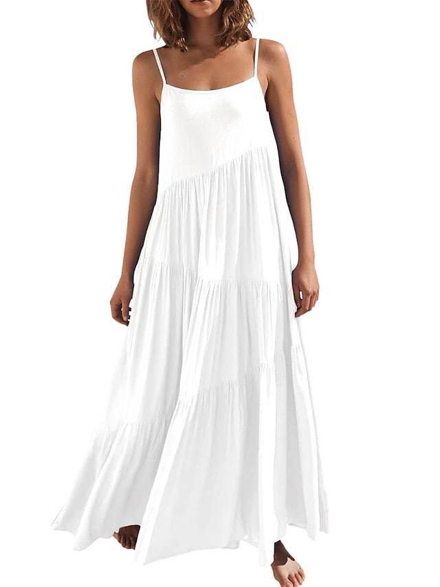 Women Fashion Casual Solid Color Sling Creased Maxi Dress