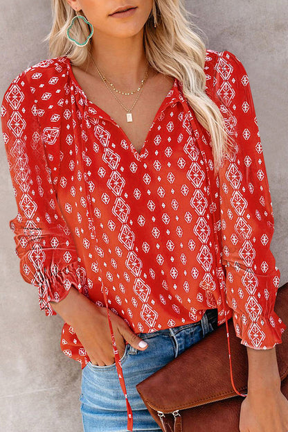 Blusa informal de manga larga con cuello en V y estampado floral para mujer