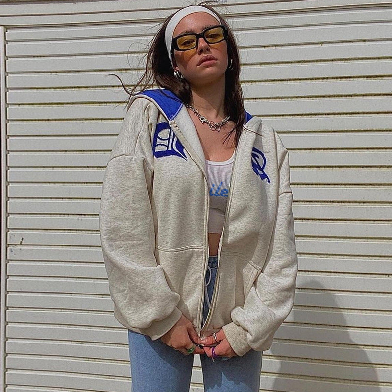 Sudadera con capucha holgada con estampado de letras y contraste de color para mujer