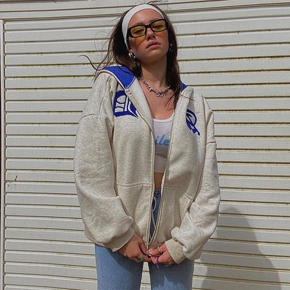 Sudadera con capucha holgada con estampado de letras y contraste de color para mujer