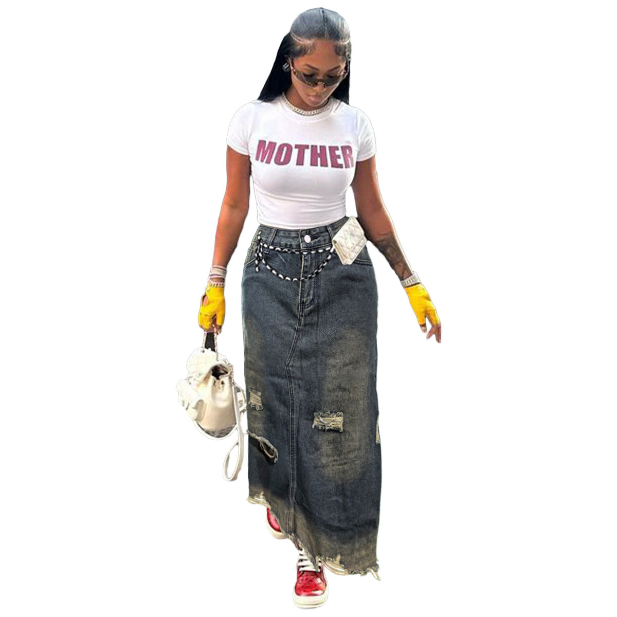 Women Fashion Casual Pocket Straight Loose Irregular Denim Skirt
