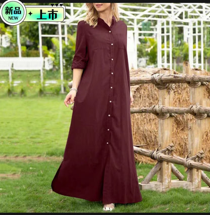 Women Casual Fshion Solid Color Long Sleeve Single-Breasted Maxi Shirt Dress