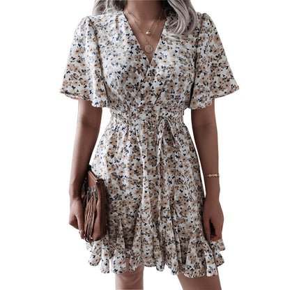 Spring Summer Women Casual Vacation Floral Printed Chiffon Short Sleeve Dress