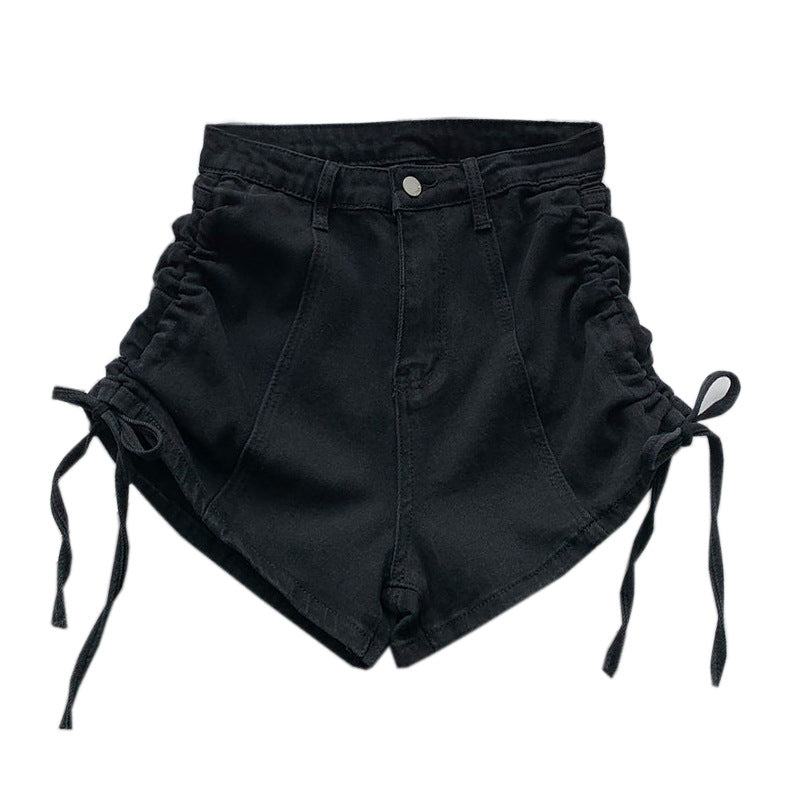 Women Fashion Casual Solid Color Drawstring Denim Shorts