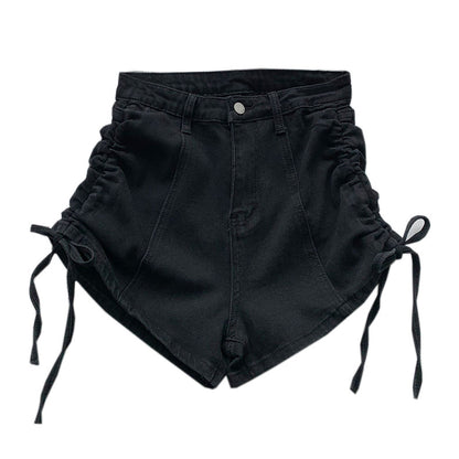 Women Fashion Casual Solid Color Drawstring Denim Shorts