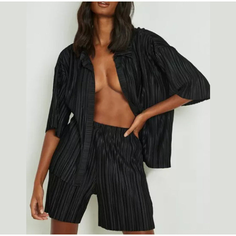 Women Casual Summer Vacation Short-Sleeved Shirt Blouse Shorts Fashion Solid Color Pleated Two-Piece Set