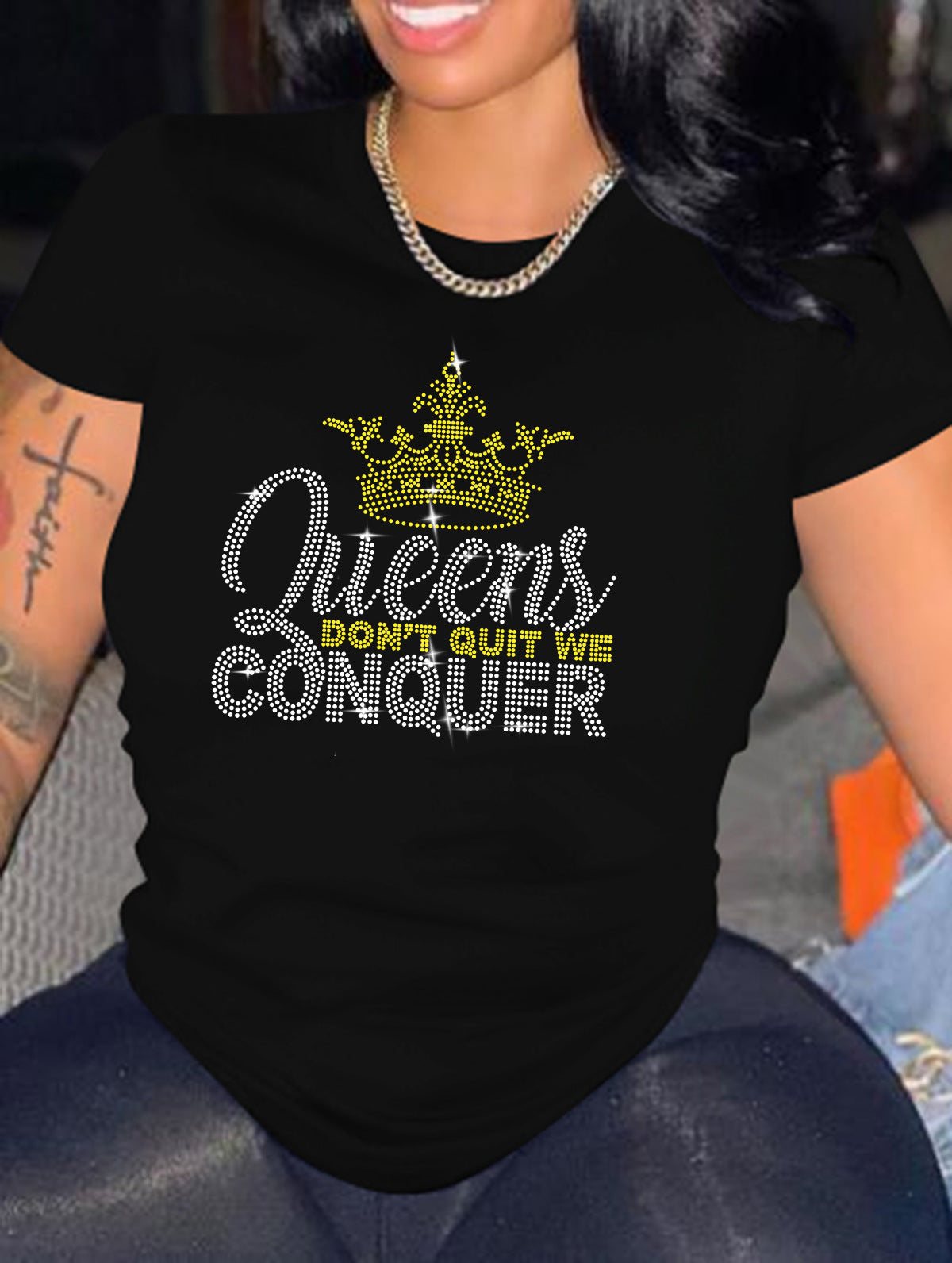 Camiseta informal de manga corta con cuello redondo y diamantes de imitación para mujer, color naranja