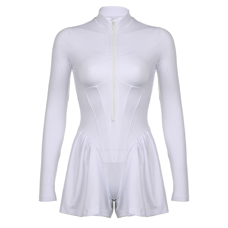 Women Fashion Casual Solid Color Zipper Plastic Waist Rompers