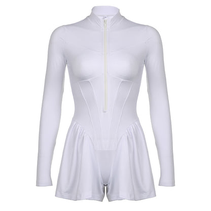 Women Fashion Casual Solid Color Zipper Plastic Waist Rompers