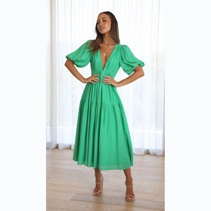 Vestido largo informal elegante con escote en V y mangas abullonadas de color liso para mujer