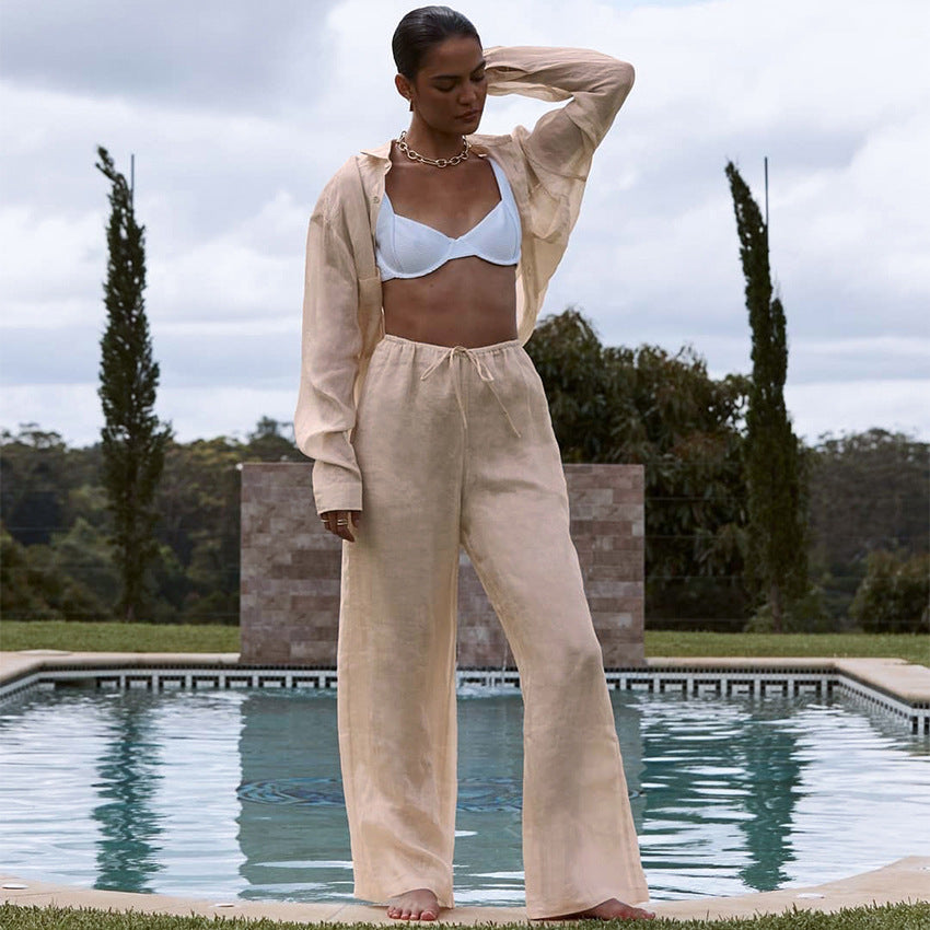 Conjunto de dos piezas de camisa y pantalón de algodón de manga larga para mujer, informal, de otoño e invierno