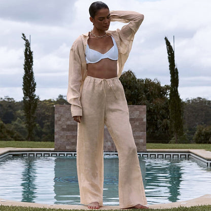 Conjunto de dos piezas de camisa y pantalón de algodón de manga larga para mujer, informal, de otoño e invierno