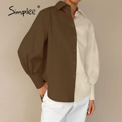 Blusa informal de trabajo para mujer con mangas largas abullonadas, botonadura sencilla y diseño de bloques de color