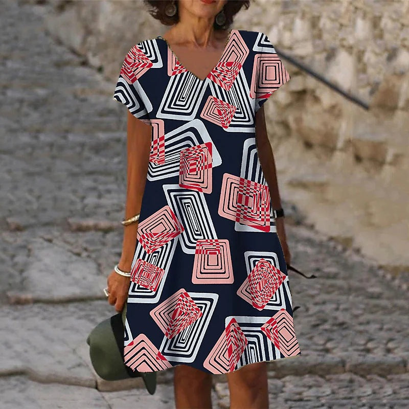 Women Fashion Casual Short Sleeve V Neck Loose Graphic Print Dress