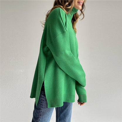 Women Casual Fashion Autumn Winter Loose Turtleneck Solid Color Long-Sleeveside Slit Sweater