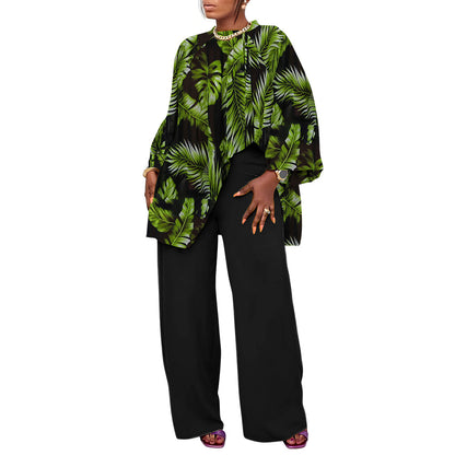 Conjunto de blusa y pantalones con estampado de talla grande informal holgado a la moda de primavera y otoño para mujer