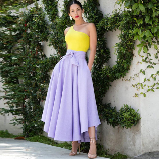 Falda larga con vuelo, elegante, informal, de cintura definida y color liso para mujer