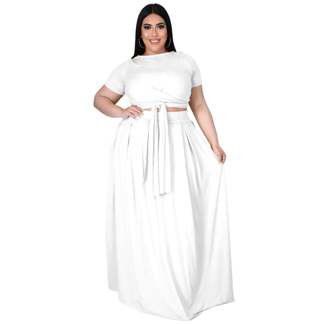 Women Fashion Casual Plus Size Solid Color Cross Strap Short-Sleeve Top Loose Skirt Two-Piece Set
