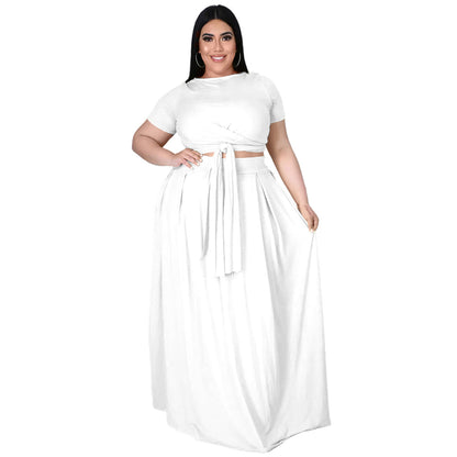 Women Fashion Casual Plus Size Solid Color Cross Strap Short-Sleeve Top Loose Skirt Two-Piece Set