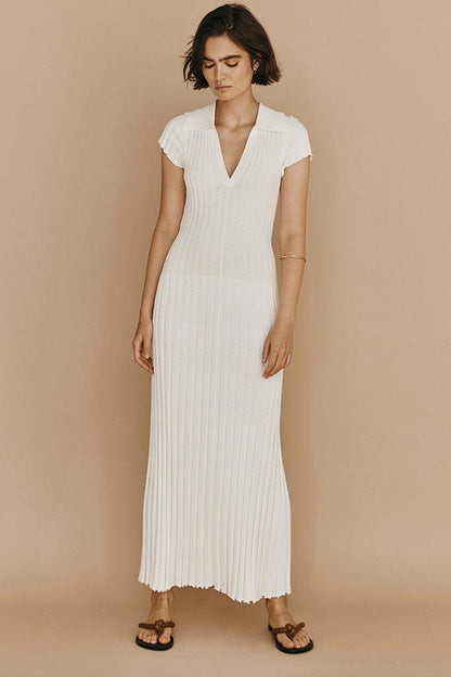 Women Elegant Casual Defined Waist Lapel V-Neck Solid Color Knitted Long Dress