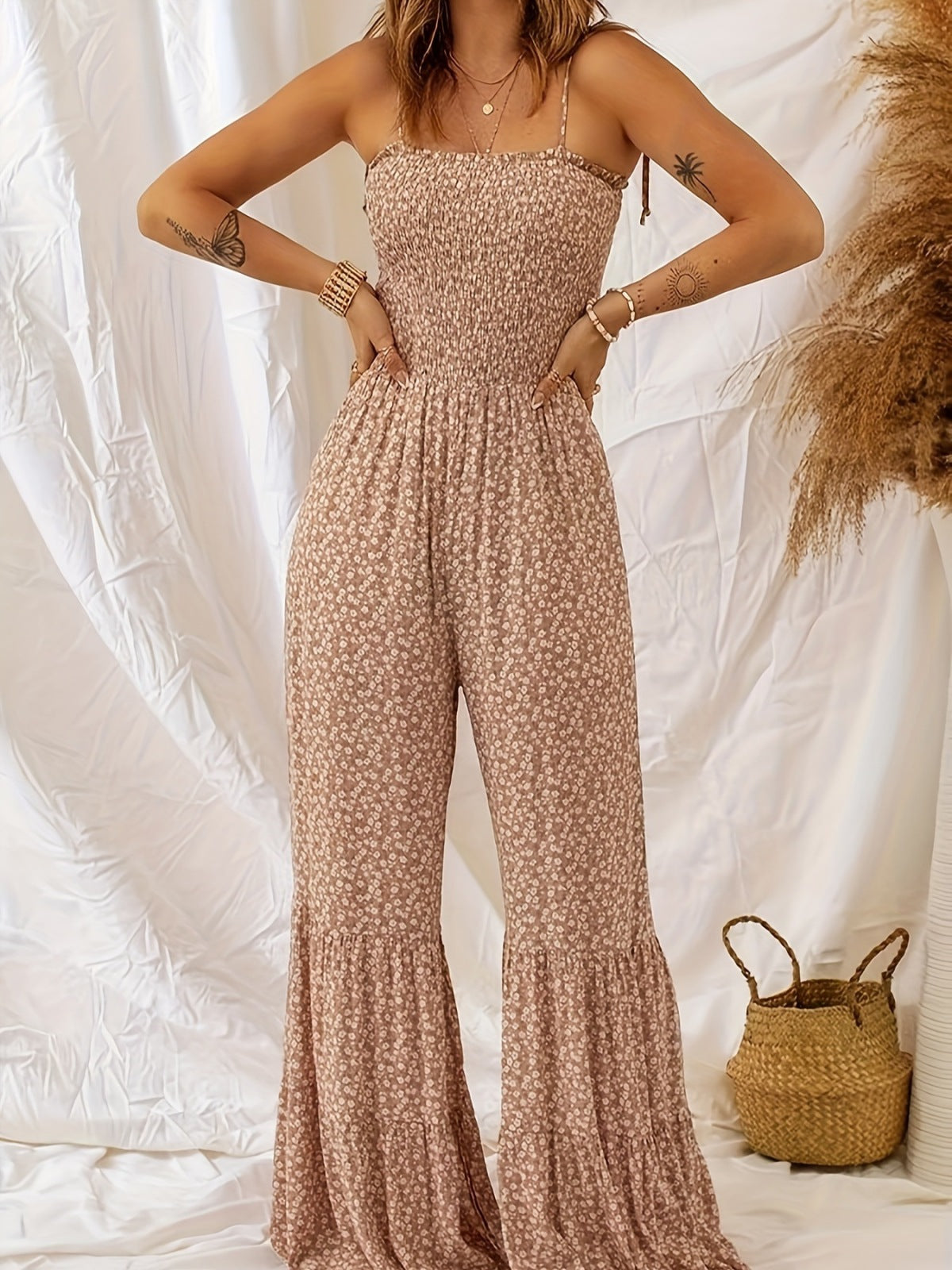 Women Casual Tiny Flower Print Sling Wide Leg Jumpsuits