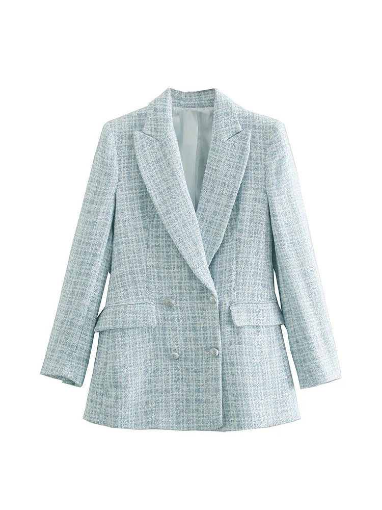 Casual Women Vintage Office Lady Plaid Double Breasted Chic Blazer