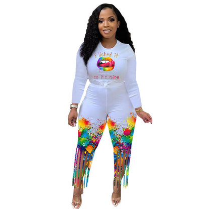 Conjunto deportivo informal de dos piezas para mujer, con estampado gráfico, manga larga, cuello redondo y pantalones con borlas y efecto tie-dye