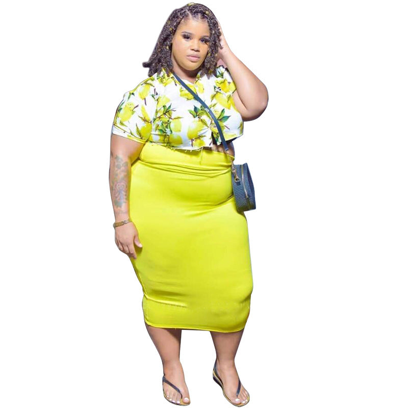 Women Fashion Casual Floral Printing Top Skirt Plus Size Set