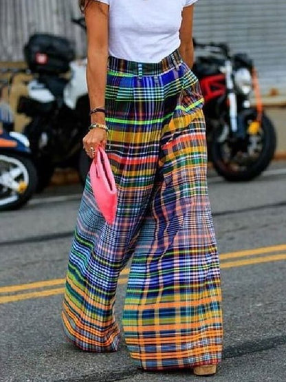 Summer Fashion Colored Grid Prined Loose Casual Women Straight Pants