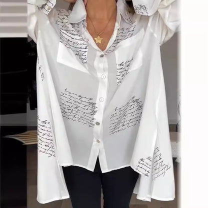 Blusa informal de manga larga con solapa y estampado de letras para mujer