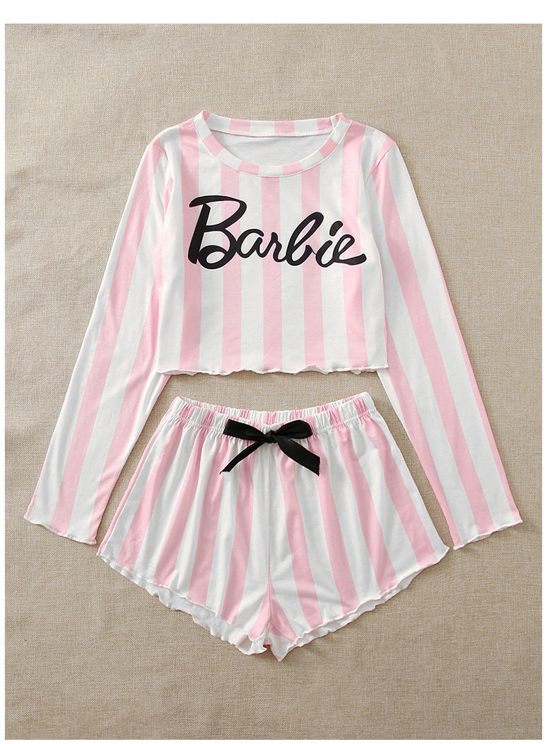 Conjunto de pijama informal para mujer, con estampado de letras y rayas anchas en color rosa, de manga larga, con top corto y pantalones cortos con lazo