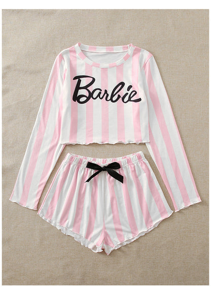 Conjunto de pijama informal para mujer, con estampado de letras y rayas anchas en color rosa, de manga larga, con top corto y pantalones cortos con lazo