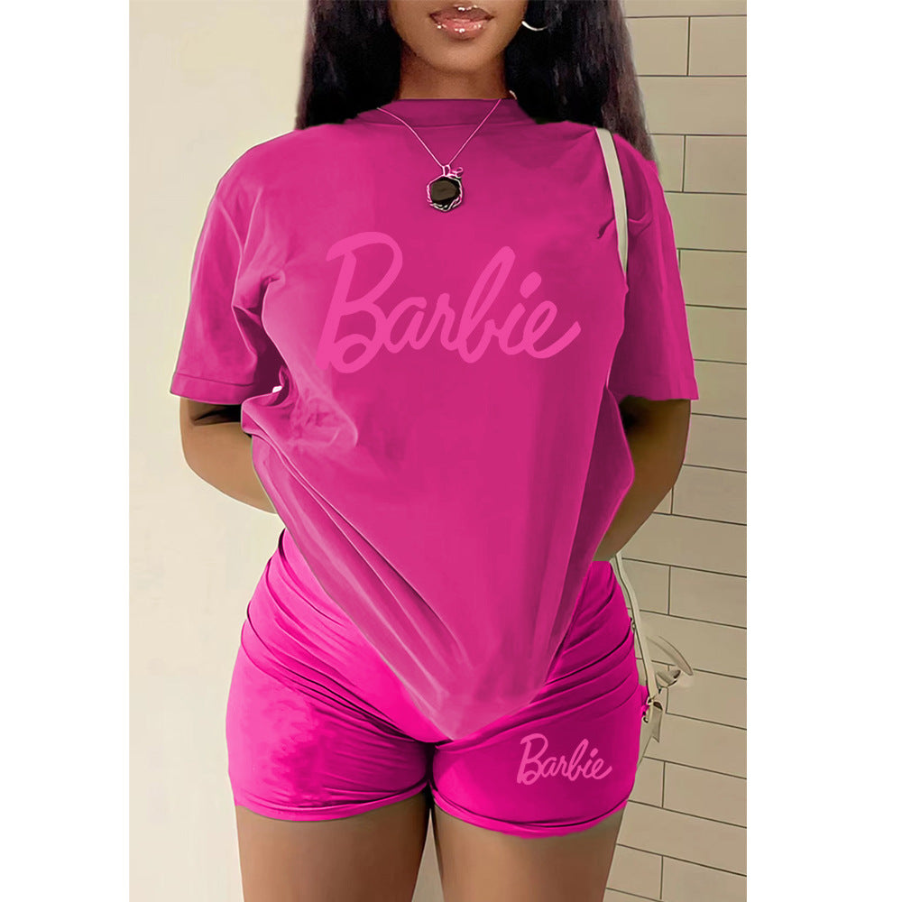 Conjunto de dos piezas con top y pantalones cortos con estampado del alfabeto de Barbie para mujer