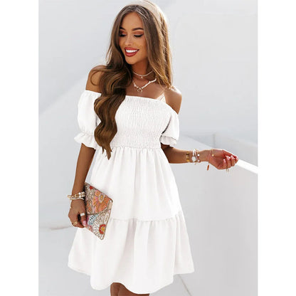 Summer Women Casual Solid Color Off-The-Shoulder Short-Sleeved Ruffled Dress
