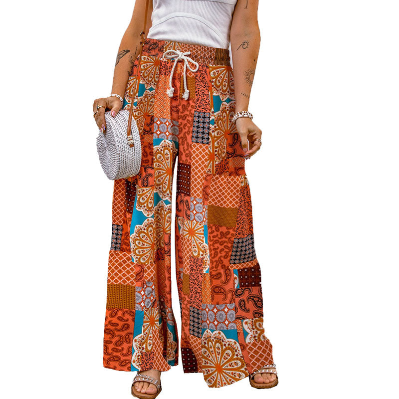 Pantalones casuales de pierna ancha y holgados con estampado de flores pequeñas para mujer