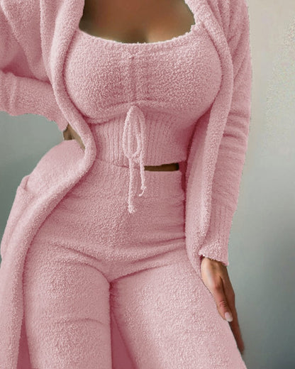 Conjunto de tres piezas de punto informal para mujer, camiseta sin mangas de felpa de color liso de invierno, pantalones y abrigo con cintura elástica