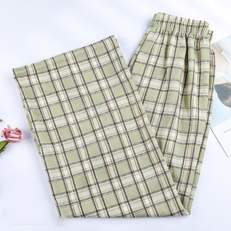 Women Edgy Summer High Waist Straight Plaid Loose Casual Wide Leg Pants