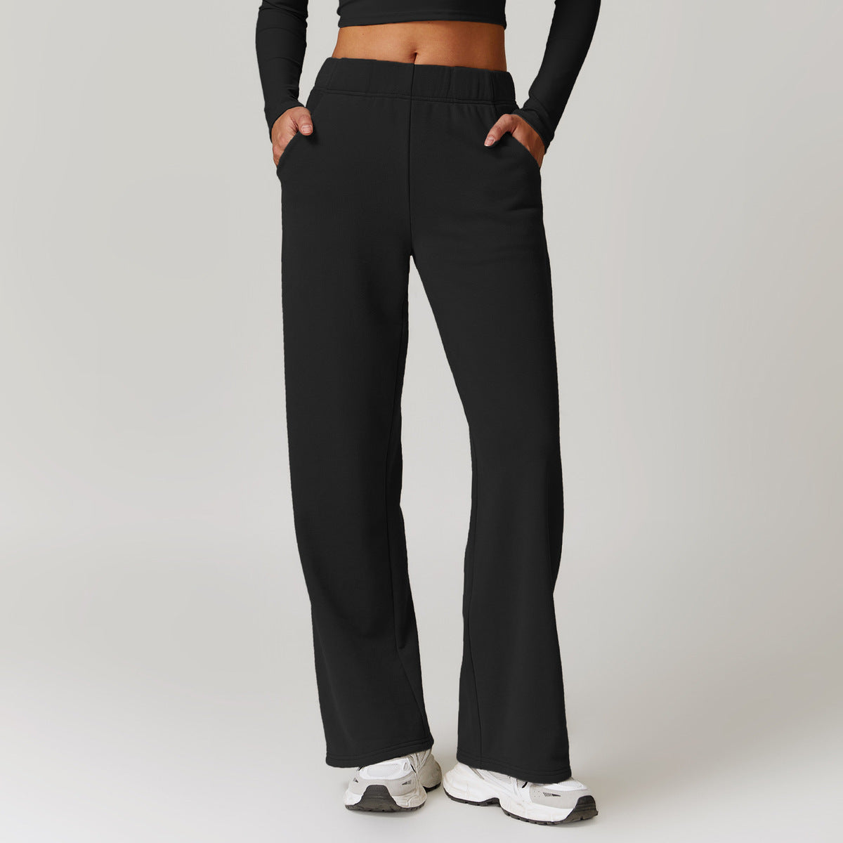 Women Fashion Casual Solid Color High Waist Pocket Sports Pants