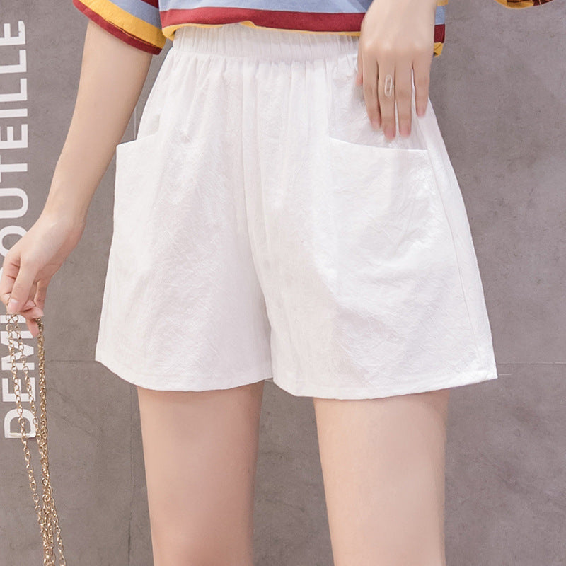 Women Fashion Casual Solid Color Cotton Linen High Waist Shorts