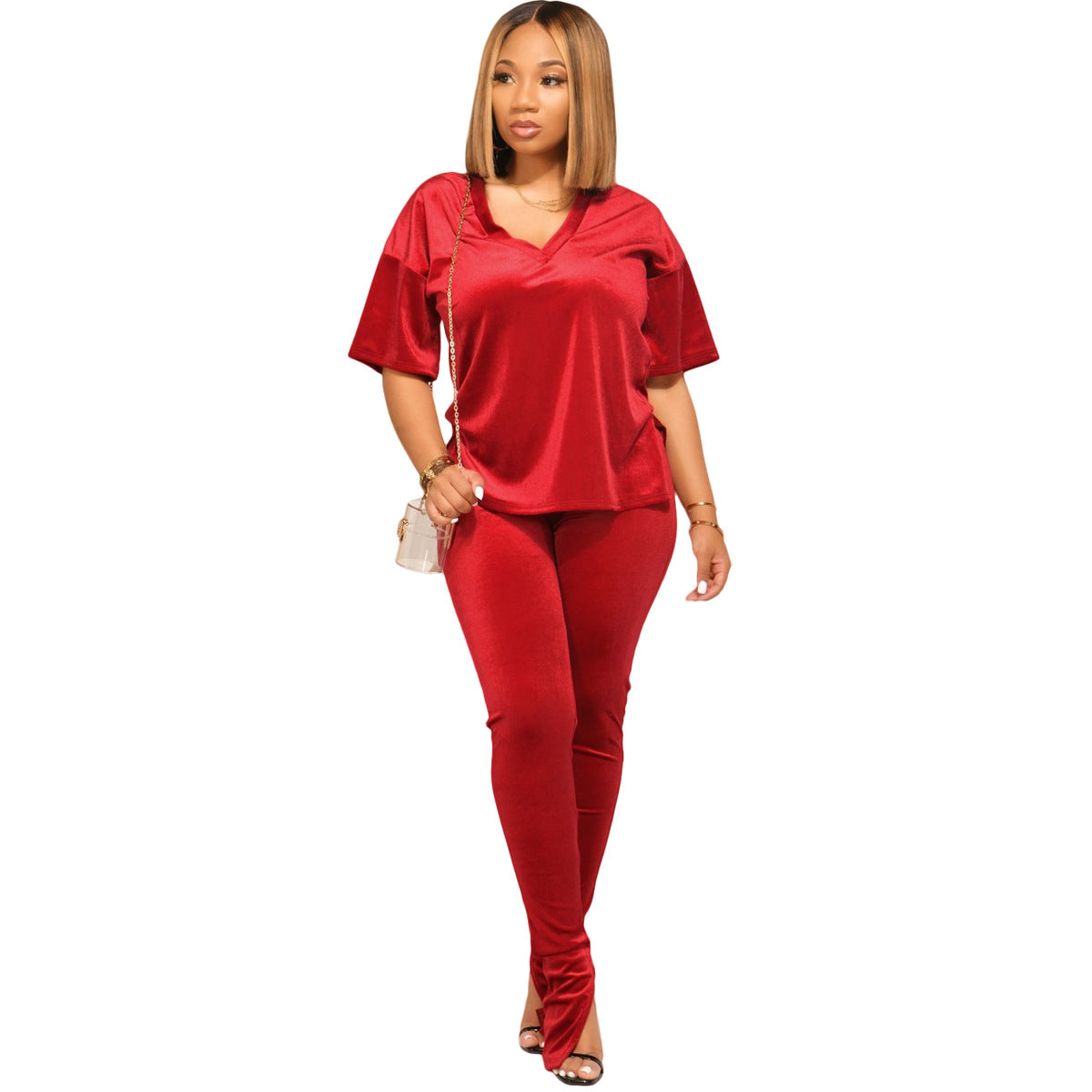 Conjunto de dos piezas de camiseta holgada y pantalones ajustados de terciopelo de color liso para mujer, informal, de verano