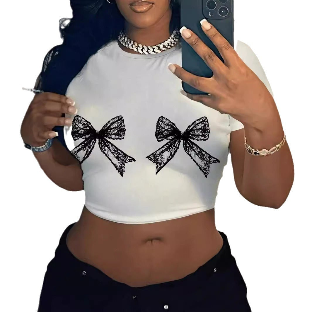 Women Fashion Casual Printed Round Neck Short Sleeve Tight Crop Top