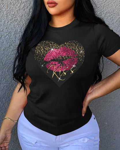 Camiseta informal holgada de algodón con cuello redondo, manga corta y estampado de corazón para mujer, talla grande