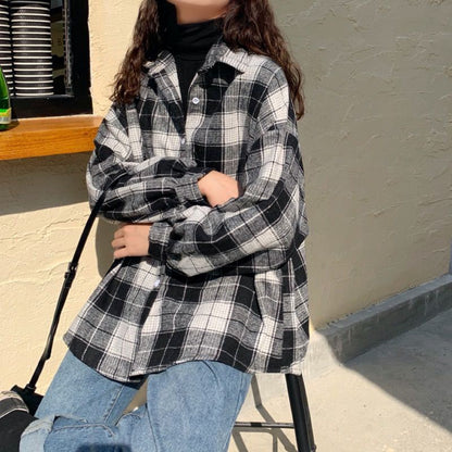 Chaqueta informal a cuadros de manga larga, holgada, con solapa y botonadura sencilla para mujer